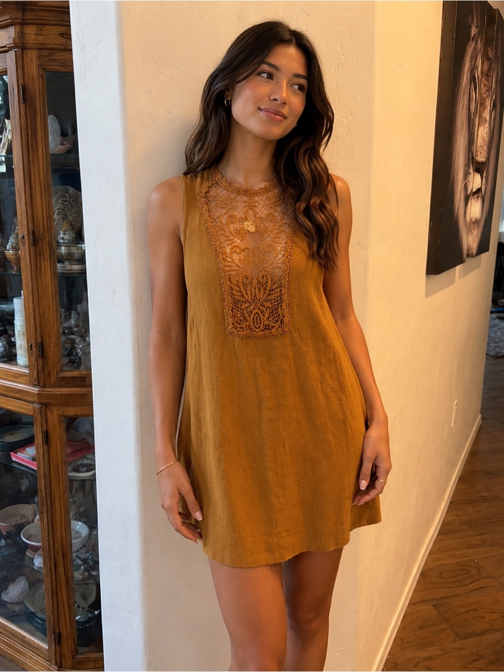 Sleeveless Lace Yoke Shift Dress in Mustard